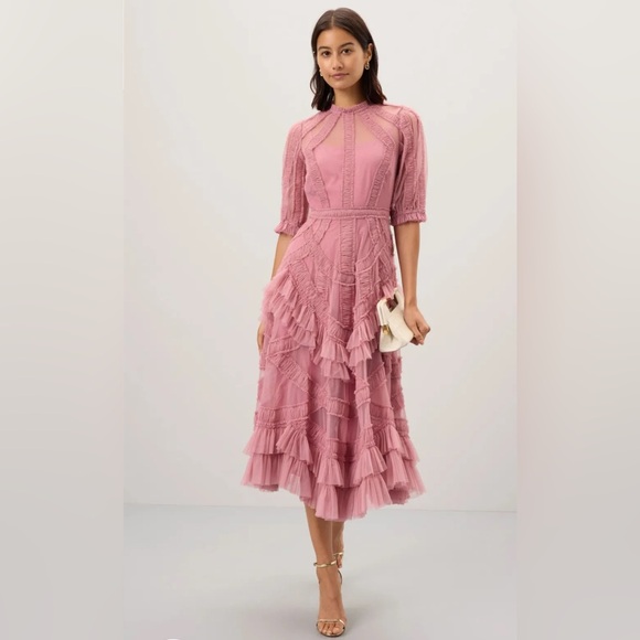 Mac Duggal Dresses & Skirts - Mac Duggal Mauve Pink Lace-Trim Midi Dress